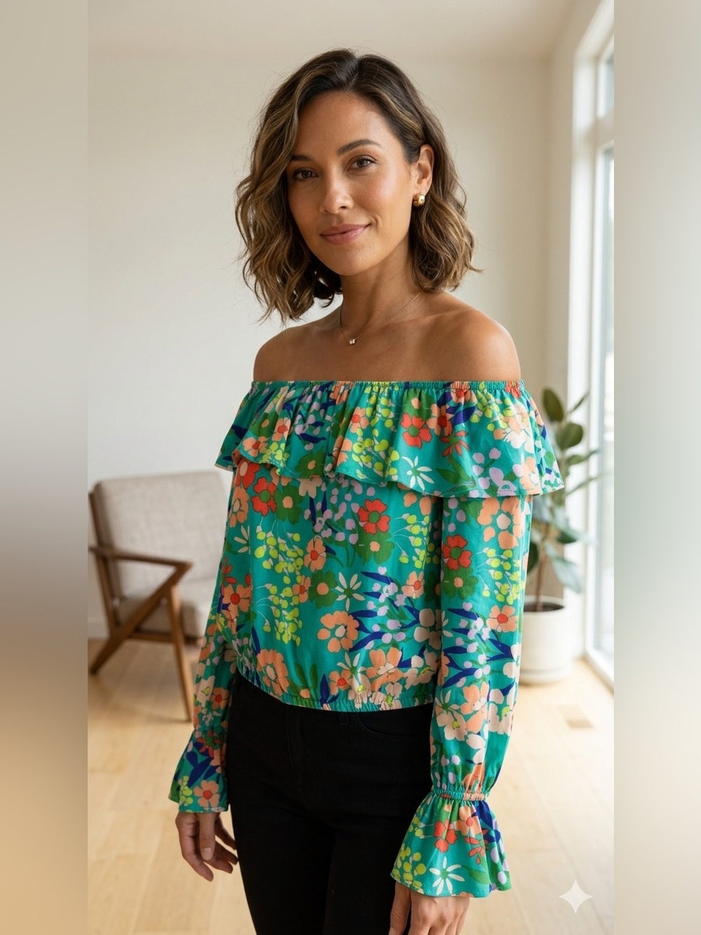 New! ANDREE BY UNIT Green Floral Off-Shoulder Ruffle Blouse small